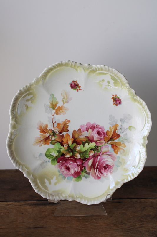 photo of antique china plate, roses w/ oak leaves & acorns fall season romantic floral early 1900s  #1