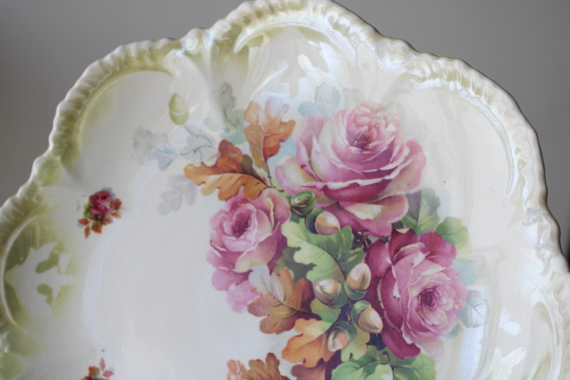 photo of antique china plate, roses w/ oak leaves & acorns fall season romantic floral early 1900s  #2