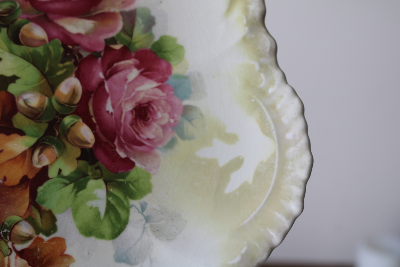 photo of antique china plate, roses w/ oak leaves & acorns fall season romantic floral early 1900s  #4