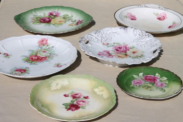 photo of antique china plates, green & pink roses painted dishes, vintage shabby cottage chic #1