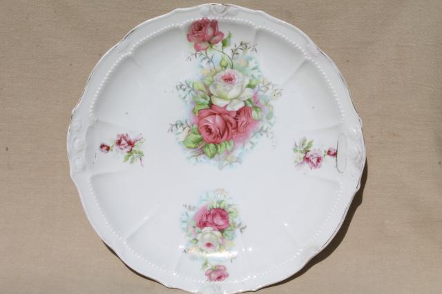 photo of antique china plates, green & pink roses painted dishes, vintage shabby cottage chic #2