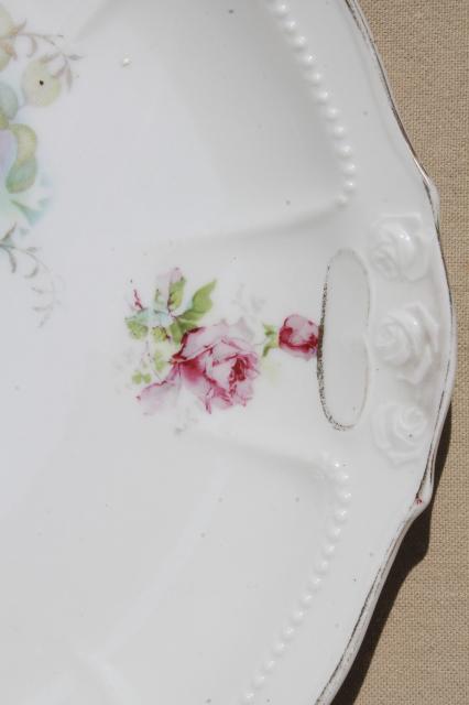 photo of antique china plates, green & pink roses painted dishes, vintage shabby cottage chic #3