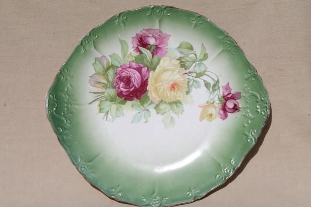 photo of antique china plates, green & pink roses painted dishes, vintage shabby cottage chic #4