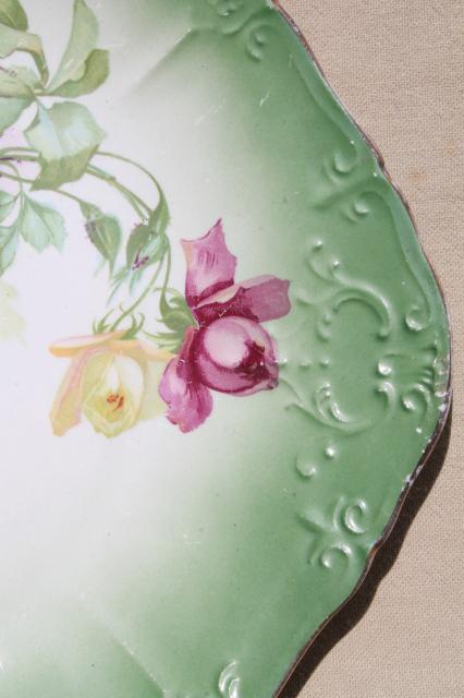 photo of antique china plates, green & pink roses painted dishes, vintage shabby cottage chic #5