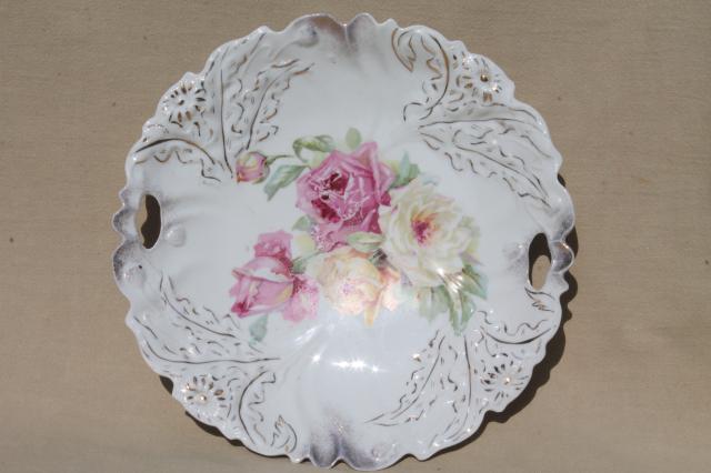 photo of antique china plates, green & pink roses painted dishes, vintage shabby cottage chic #8