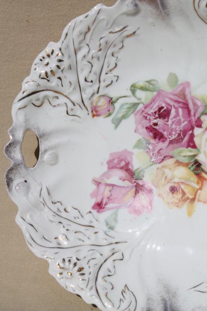 photo of antique china plates, green & pink roses painted dishes, vintage shabby cottage chic #9