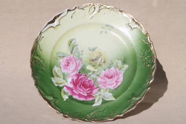 photo of antique china plates, green & pink roses painted dishes, vintage shabby cottage chic #10