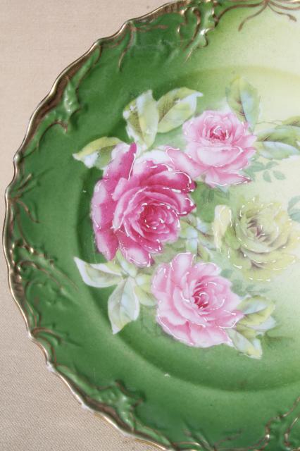 photo of antique china plates, green & pink roses painted dishes, vintage shabby cottage chic #11