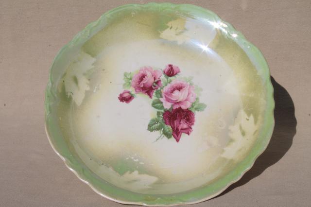 photo of antique china plates, green & pink roses painted dishes, vintage shabby cottage chic #12