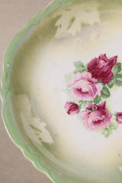 photo of antique china plates, green & pink roses painted dishes, vintage shabby cottage chic #13