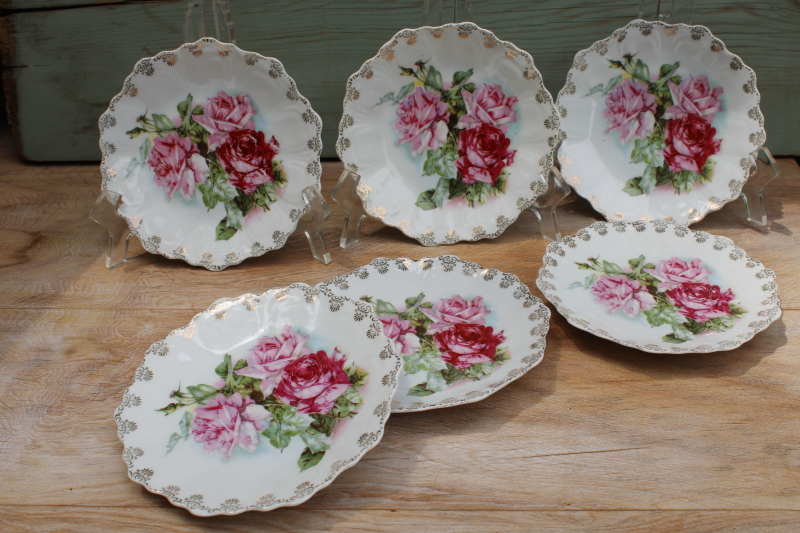 photo of antique china plates, shabby vintage pink roses dessert set w/ old Bavaria backstamp #1