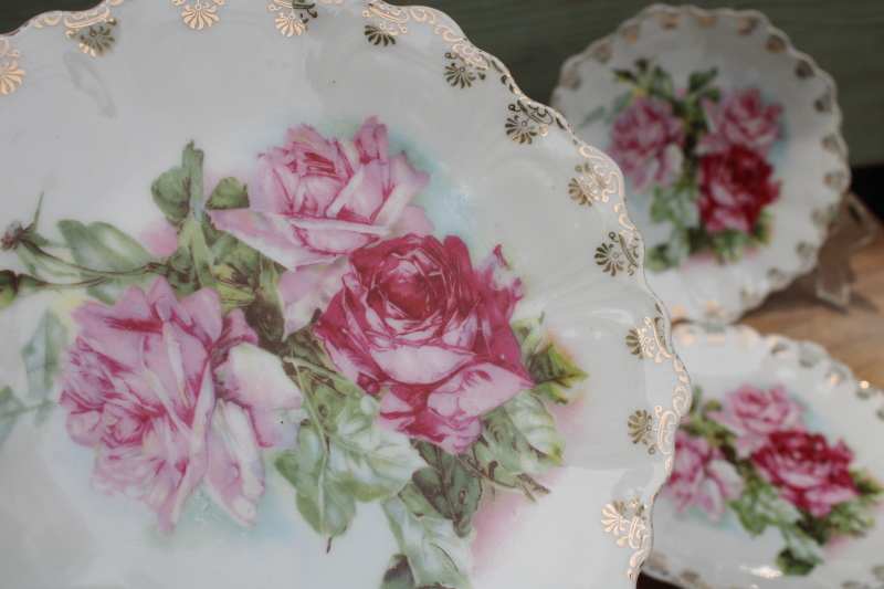 photo of antique china plates, shabby vintage pink roses dessert set w/ old Bavaria backstamp #2