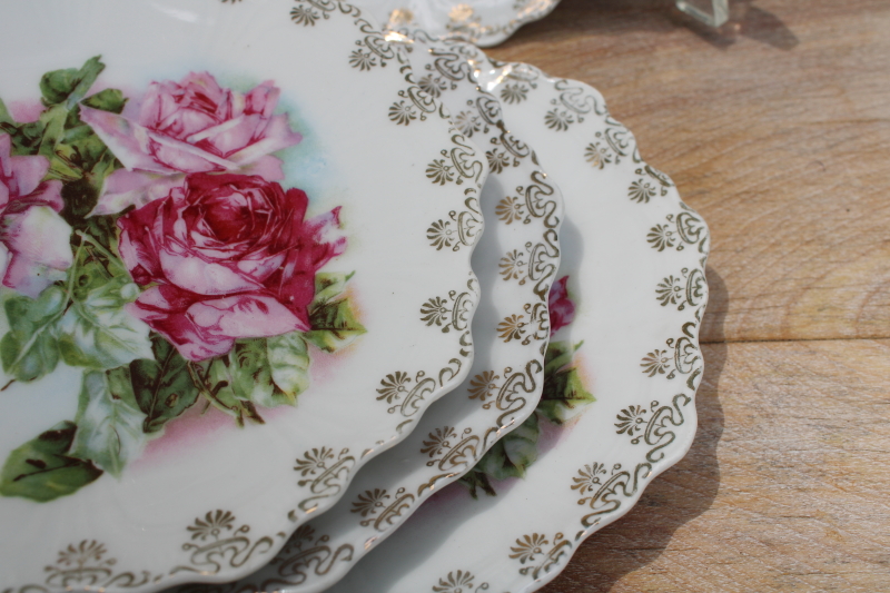 photo of antique china plates, shabby vintage pink roses dessert set w/ old Bavaria backstamp #3