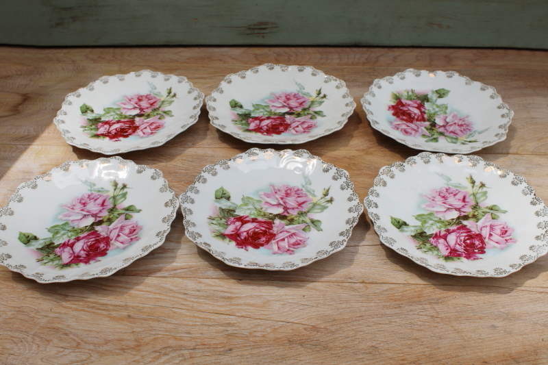 photo of antique china plates, shabby vintage pink roses dessert set w/ old Bavaria backstamp #8