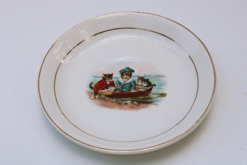 photo of antique china saucer plate w/ Victorian kitties in sailor suits, nautical cats rowboat  #1