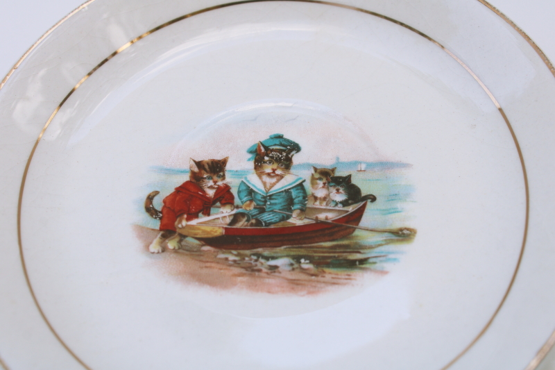 photo of antique china saucer plate w/ Victorian kitties in sailor suits, nautical cats rowboat  #2