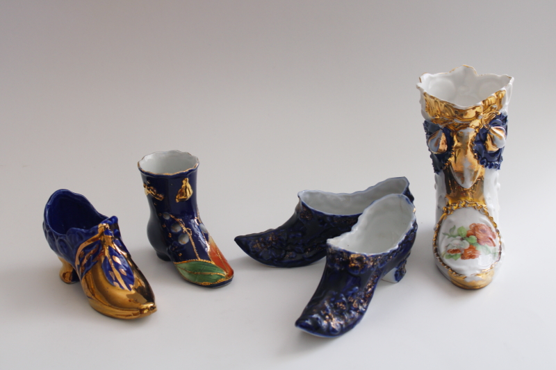 photo of antique china shoes & high button boots, turn of the century vintage cobalt blue #1
