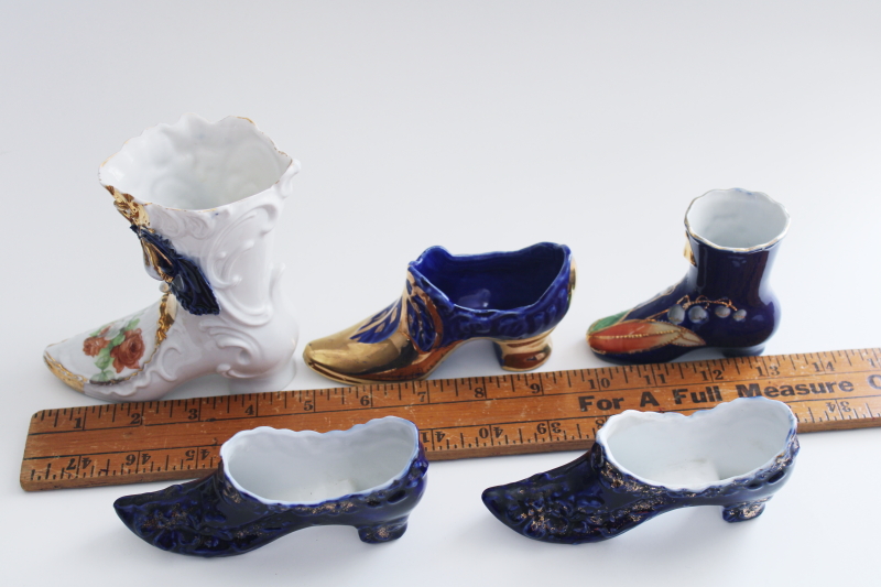 photo of antique china shoes & high button boots, turn of the century vintage cobalt blue #5