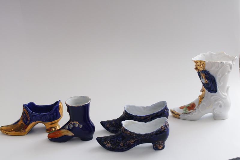 photo of antique china shoes & high button boots, turn of the century vintage cobalt blue #6