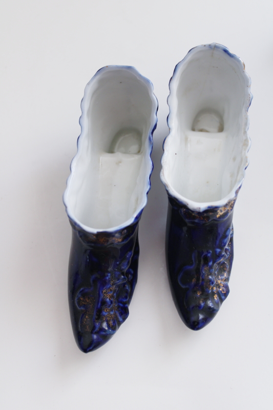 photo of antique china shoes & high button boots, turn of the century vintage cobalt blue #7