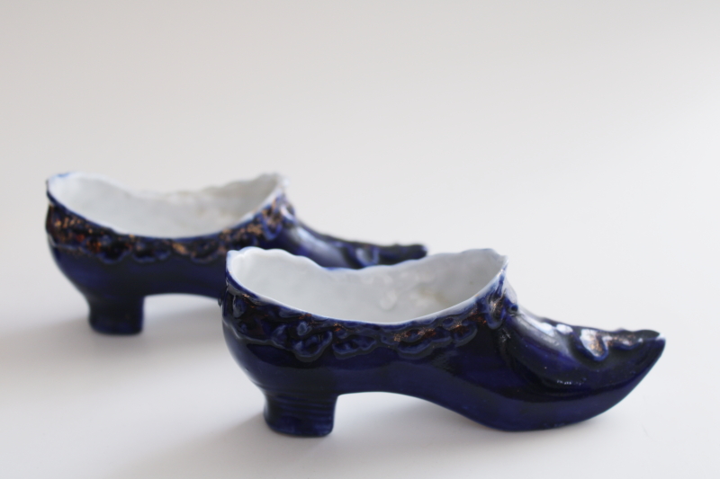 photo of antique china shoes & high button boots, turn of the century vintage cobalt blue #8