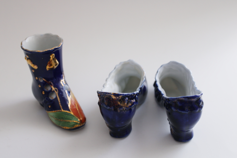 photo of antique china shoes & high button boots, turn of the century vintage cobalt blue #9