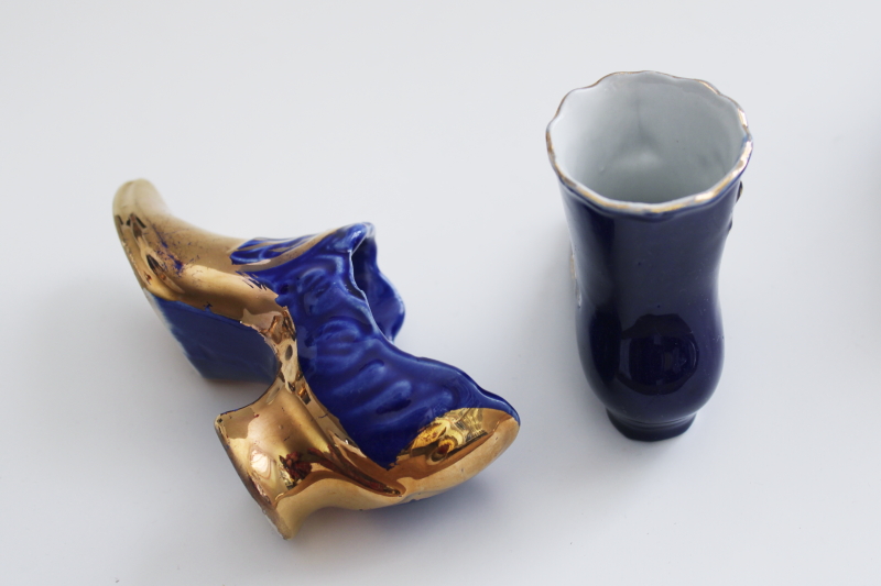 photo of antique china shoes & high button boots, turn of the century vintage cobalt blue #11