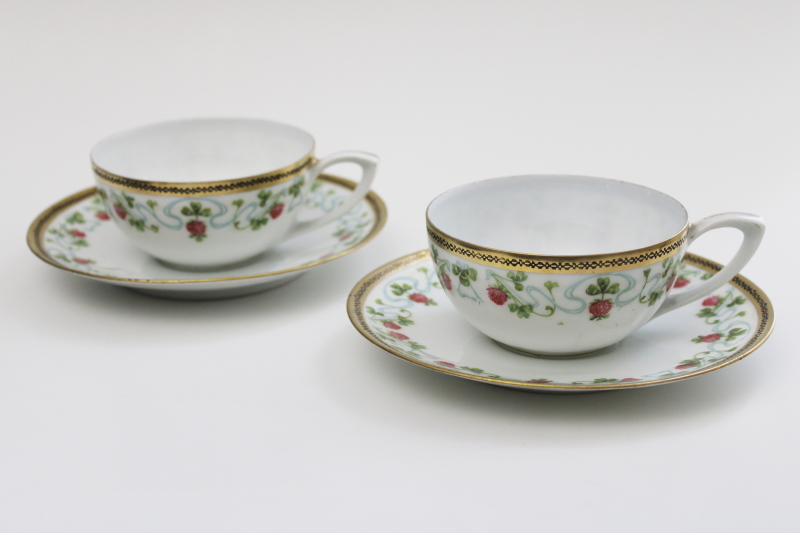 photo of antique china tea cups and saucers, hand painted shamrocks clover blossom RS Germany #1