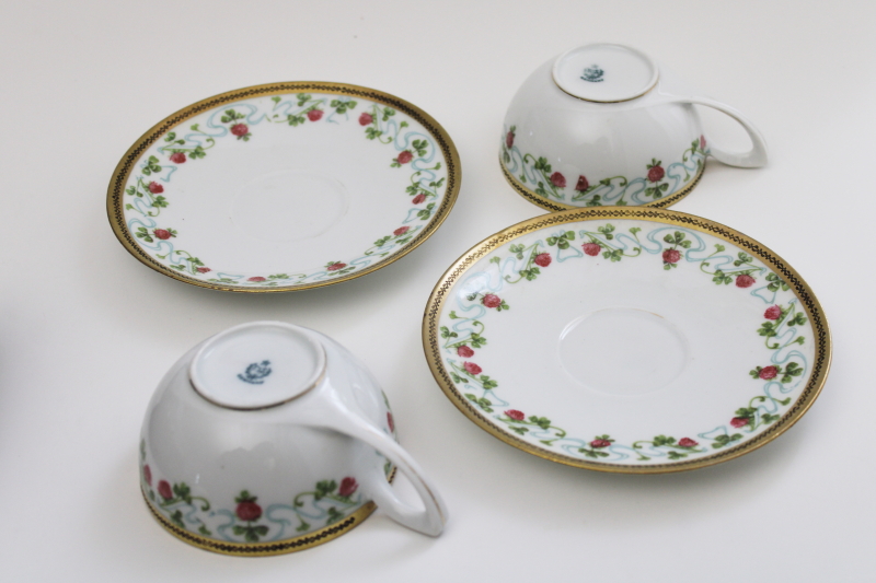 photo of antique china tea cups and saucers, hand painted shamrocks clover blossom RS Germany #3