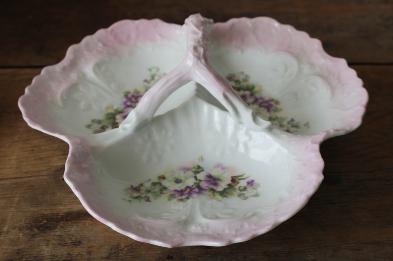 photo of antique china three part bowl, large sectioned dish w/ ornate molded twig handle, flowers on shaded pink  #1
