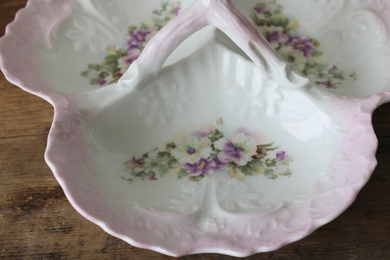 photo of antique china three part bowl, large sectioned dish w/ ornate molded twig handle, flowers on shaded pink #2