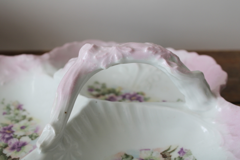 photo of antique china three part bowl, large sectioned dish w/ ornate molded twig handle, flowers on shaded pink #3