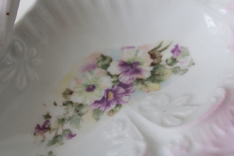 photo of antique china three part bowl, large sectioned dish w/ ornate molded twig handle, flowers on shaded pink #4