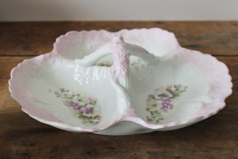 photo of antique china three part bowl, large sectioned dish w/ ornate molded twig handle, flowers on shaded pink #5