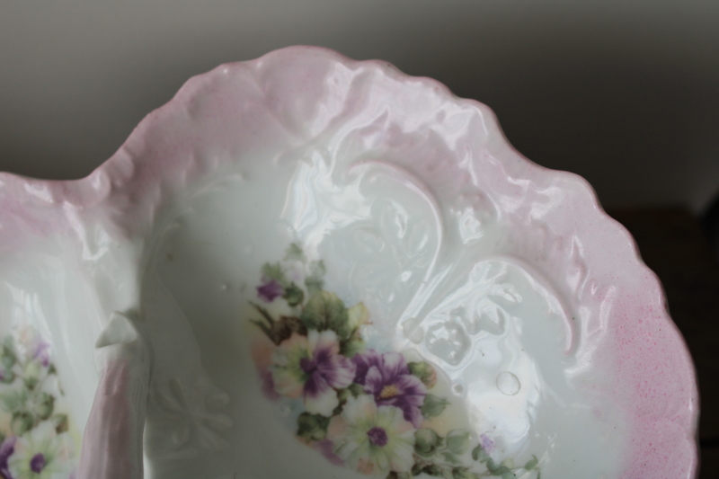photo of antique china three part bowl, large sectioned dish w/ ornate molded twig handle, flowers on shaded pink #6