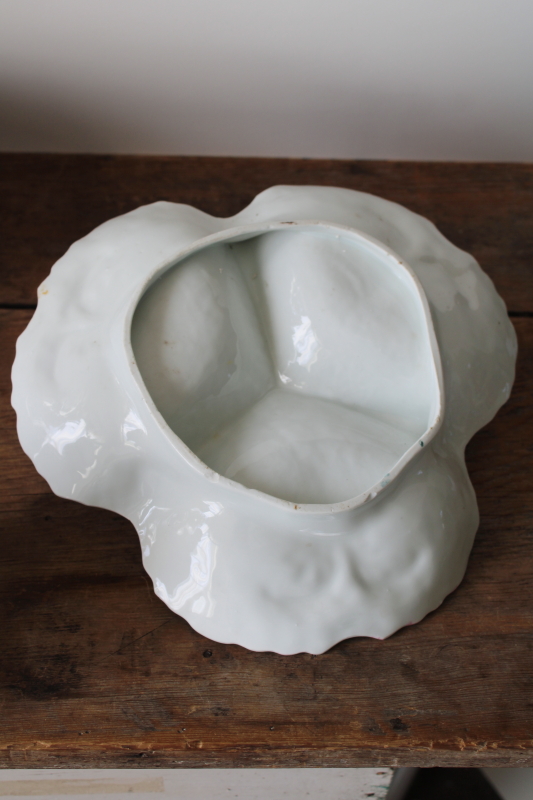 photo of antique china three part bowl, large sectioned dish w/ ornate molded twig handle, flowers on shaded pink #7