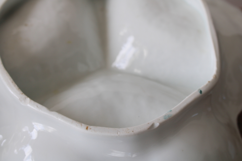 photo of antique china three part bowl, large sectioned dish w/ ornate molded twig handle, flowers on shaded pink #8