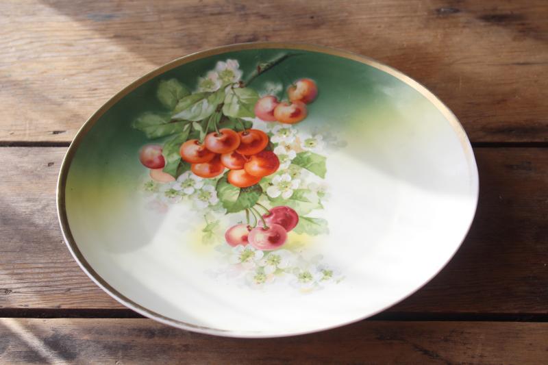 photo of antique china tray or plate w/ cherries & cherry blossoms, Germany three crowns mark #1