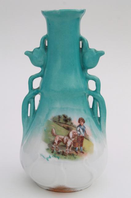 photo of antique china vase, bluebells shape w/ Victorian boy & watch dog standard poodle #1