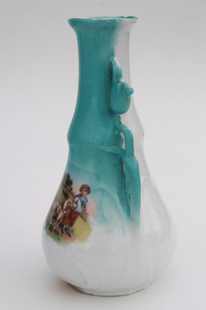 photo of antique china vase, bluebells shape w/ Victorian boy & watch dog standard poodle #2