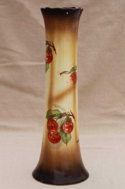 photo of antique china vase w/ red cherries, tall shape for flowering tree branches or large flowers #1