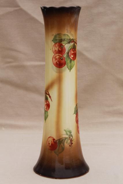 photo of antique china vase w/ red cherries, tall shape for flowering tree branches or large flowers #2