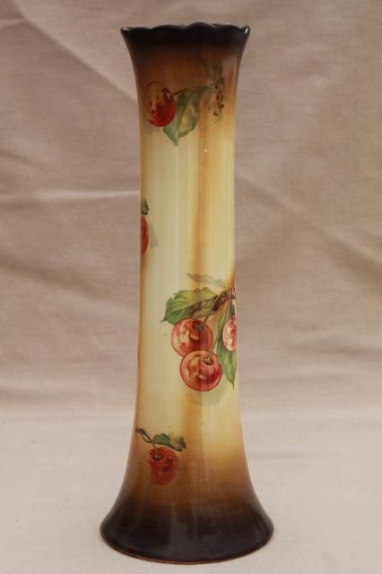 photo of antique china vase w/ red cherries, tall shape for flowering tree branches or large flowers #3