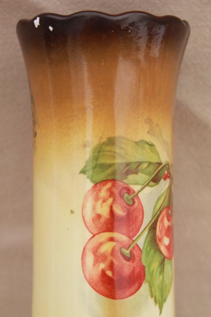 photo of antique china vase w/ red cherries, tall shape for flowering tree branches or large flowers #7