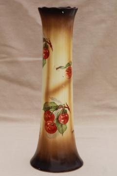 catalog photo of antique china vase w/ red cherries, tall shape for flowering tree branches or large flowers