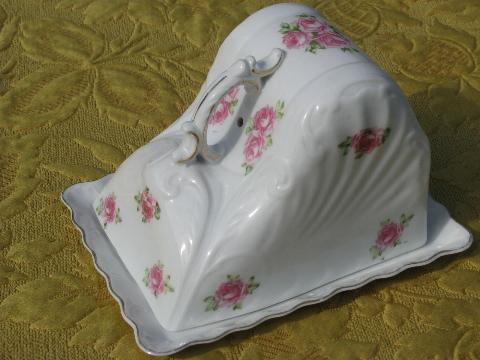 photo of antique china wedge of cheese cover, roses floral porcelain, Austria #1