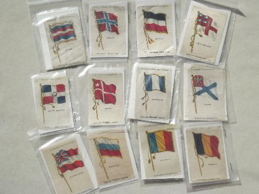 photo of antique cigarette silks lot, world flags print silk ribbon trading 'cards' #1