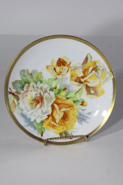 photo of antique circa 1900 O&EG Royal Austria china plate, full blown yellow roses floral #1