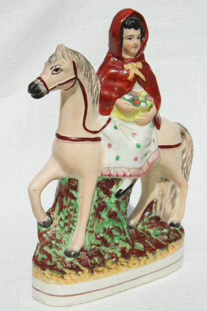 photo of antique circa 1900 Old Staffordshire china figure, red riding hood egg basket lady on horse back #1