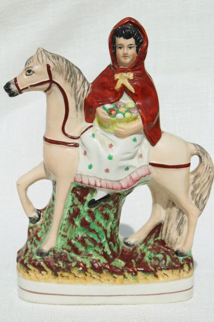 photo of antique circa 1900 Old Staffordshire china figure, red riding hood egg basket lady on horse back #3